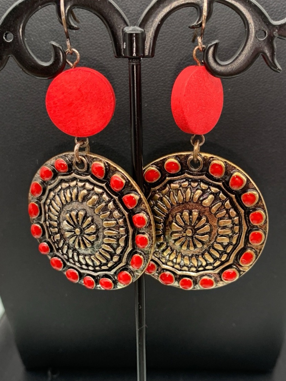 Red Boho Medallion Drop pierced Earrings -